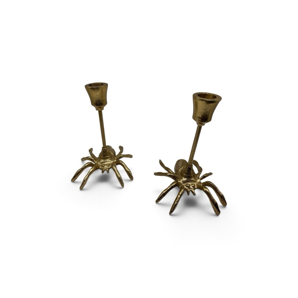 Spooky Night Set of 2 Spider Taper Candle Holders Gold